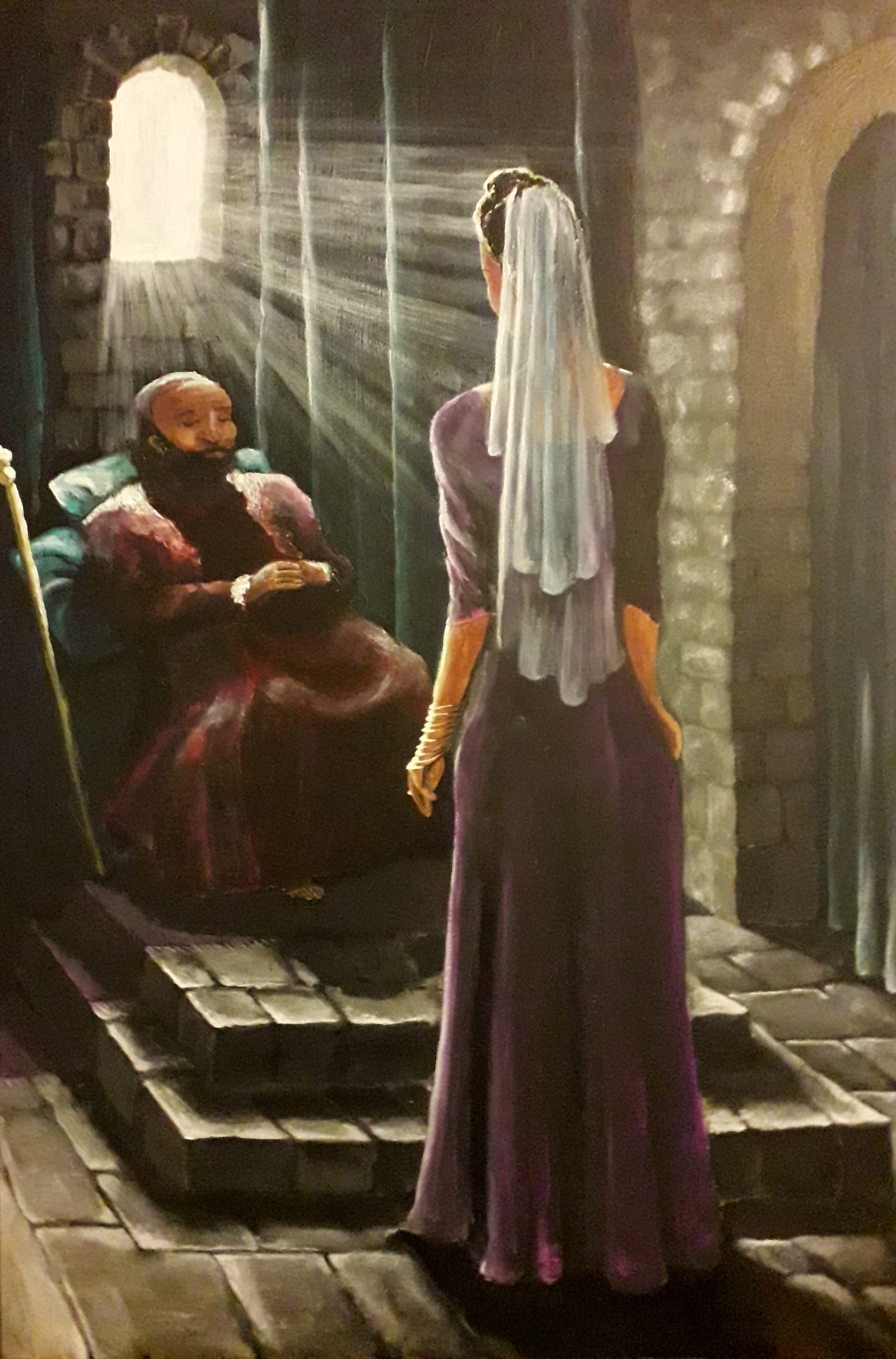 The moment in the book of Esther when she stands before Xerxes, before she has had to bow down to him. Sunlight comes through a window to illuminate her, while he is in shadow.