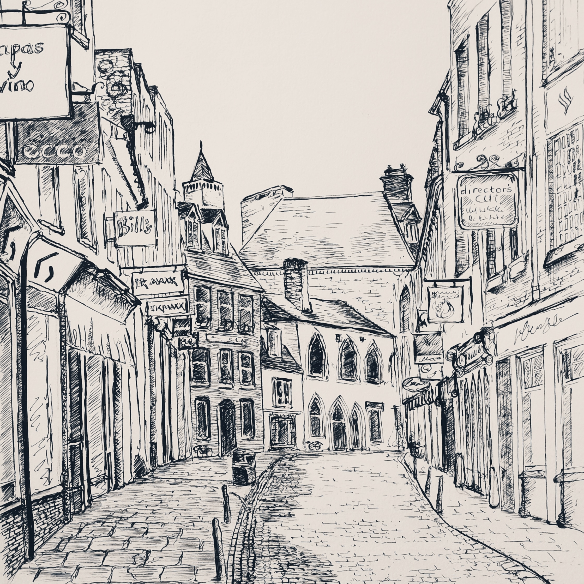 A line drawing of Green Street Cambridge